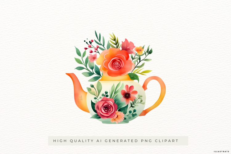 Floral Teapot with Peach Flowers PNG Clipart
