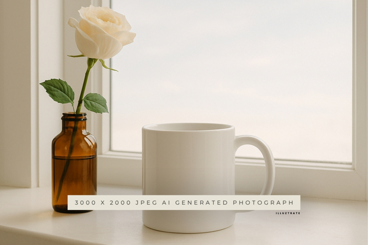 Mug and White Rose on Windowsill Mockup