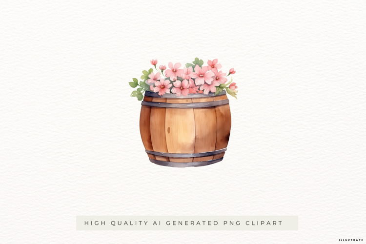 Rustic Wooden Barrel with Pink Flowers PNG Clipart