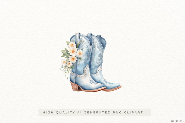 Blue Cowboy Boots with Daisies PNG Clipart