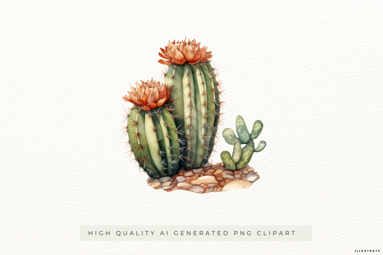 Watercolor Cactus with Orange Flowers PNG Clipart