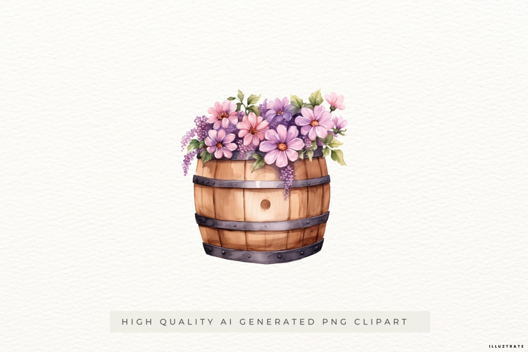 Rustic Wooden Barrel with Purple Flowers PNG Clipart