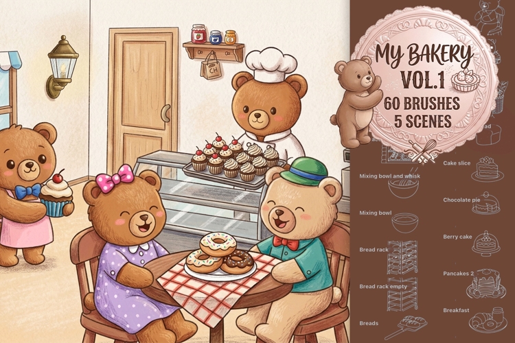 Kawaii Bakery Procreate Brushes | Bear Baking Scenes