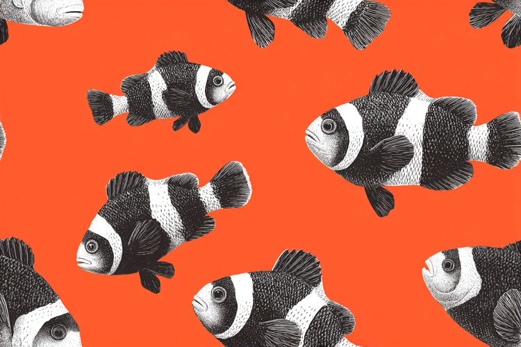 Clown Fish Seamless Pattern Red Background Design 03