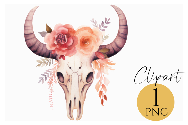 Boho Floral Bull Skull Clipart PNG Western Rustic Art