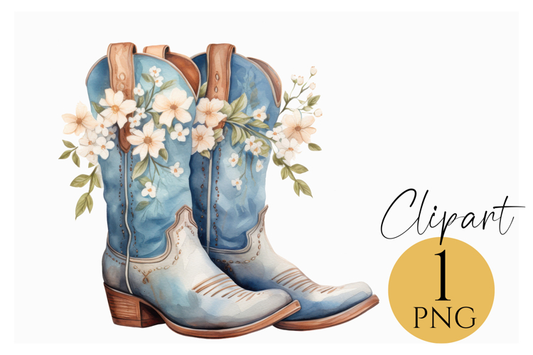 Blue Cowboy Boots Clipart PNG Floral Western Aesthetic