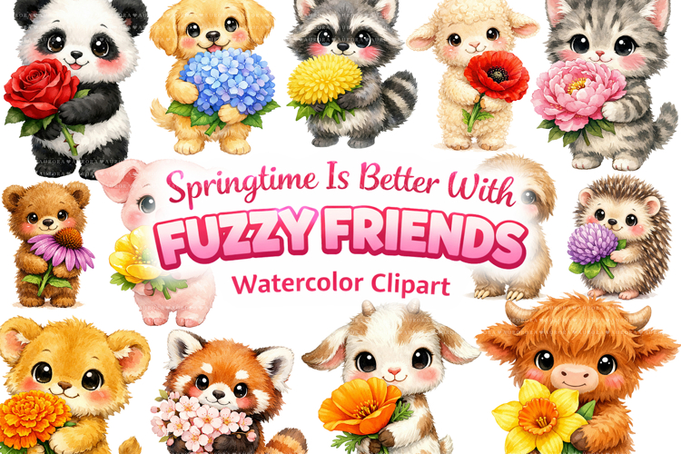 Cute Spring Baby Animal Watercolor Clipart Bundle