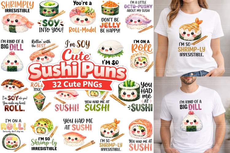 Funny Sushi Puns Watercolor PNG Bundle