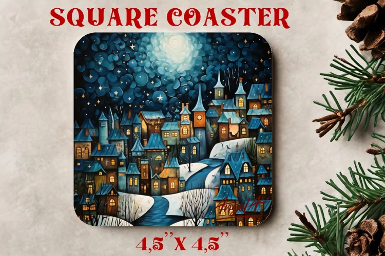 Christmas square coaster sublimation / christmas city, moon
