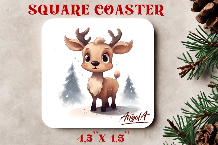 Christmas square coaster sublimation, watercolor baby deer