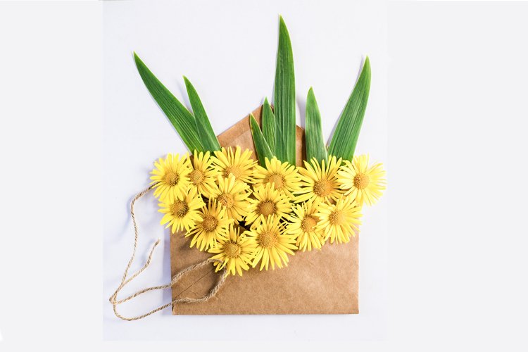 The concept of fast delivery of flowers with a paper envelop