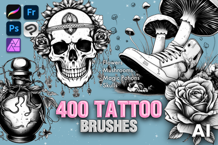 400 Procreate Tattoo - Flowers, Mushrooms, Potions brushes