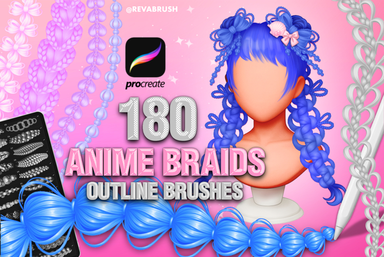 180 Procreate Hair Anime Braids dynamic outline brushes