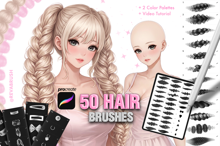 Procreate Hair braids brushes. Anime Manga Portrait Face