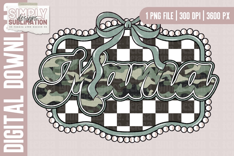 Green Camo Checkered Mama with Bow Sublimation Design | Png