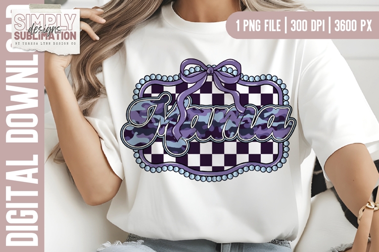 Purple Camo Checkered Mama with Bow Sublimation Design | Png
