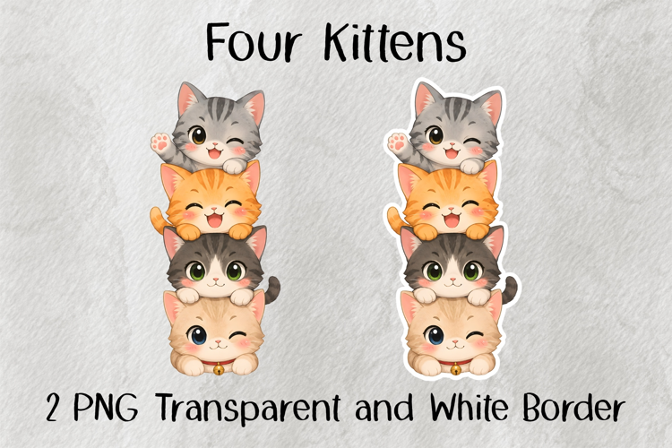 Cute Stacked Kittens Watercolor Clipart PNG