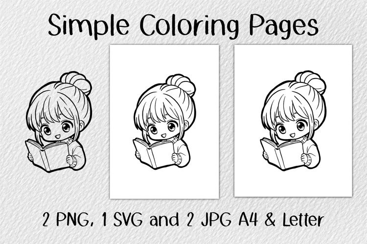 Girl Read Book Coloring Pages JPG PNG SVG example image 1