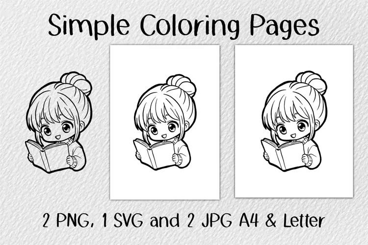 Girl Read Book Coloring Pages JPG PNG SVG