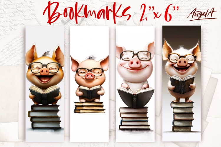 Printable kids bookmark sublimation, pig with book stack