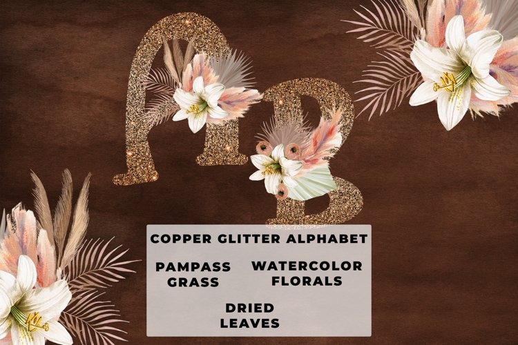 Copper Glitter Boho Floral Alphabet
