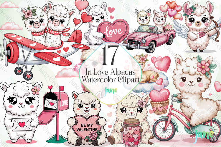 In Love Alpacas Watercolor Clipart