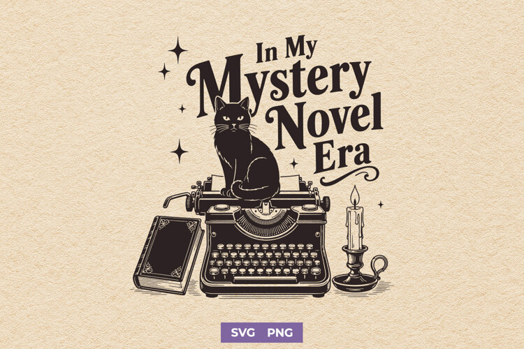 In My Mystery Novel Era SVG, Cozy Bookish Black Cat PNG example image 1