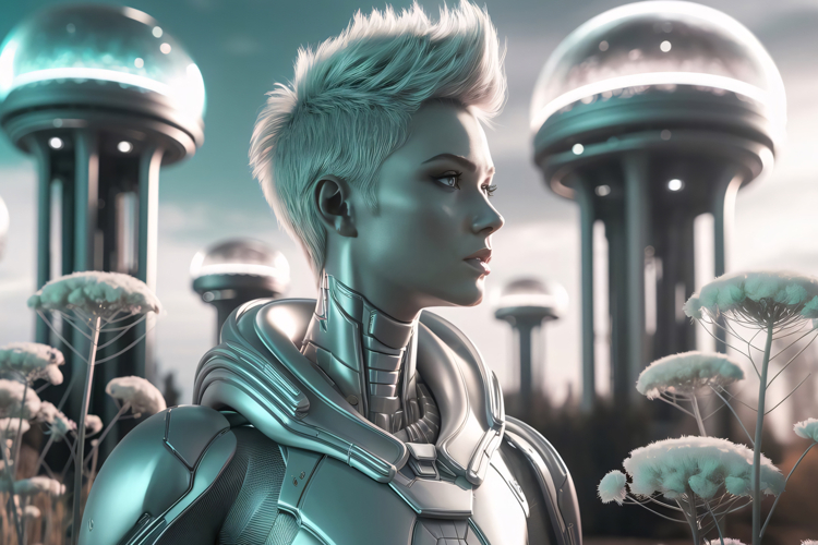 A futuristic warrior woman in high-tech armor standing