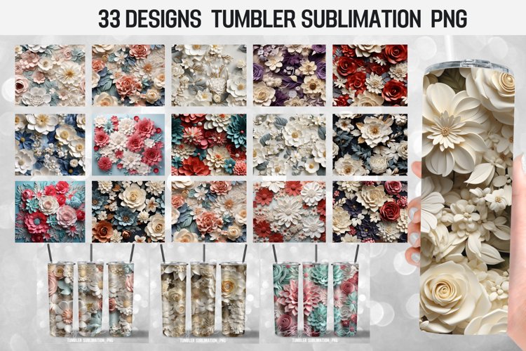 BUNDLE 3D Flowers Skinny Tumbler Wrap Sublimation Design PNG example image 1