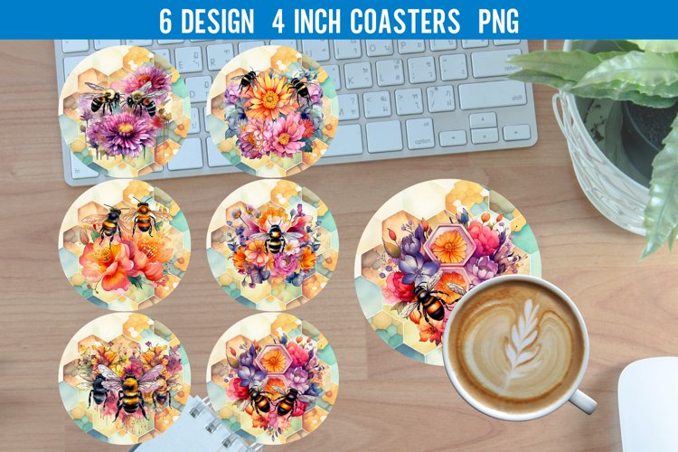 Bee   Flower Stained Glass Round Coaster Sublimation Design
