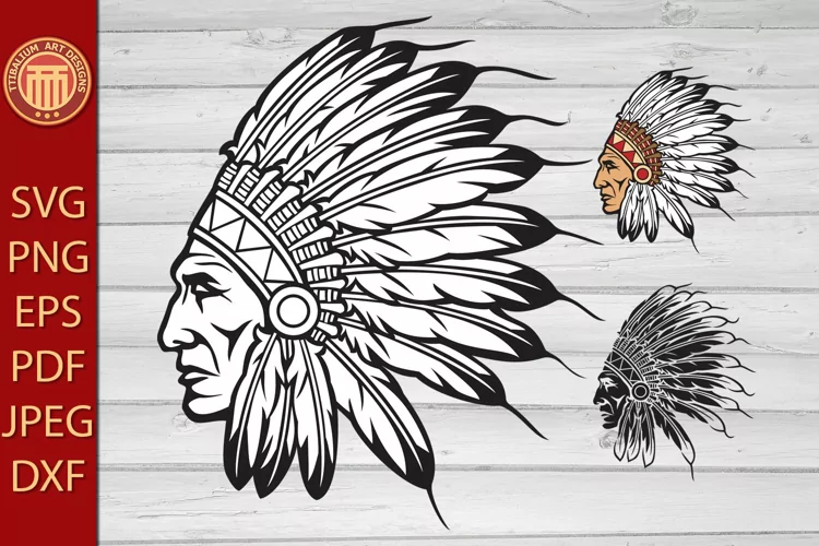 Indian Chief Head with Headdress - eps, svg, pdf, png files