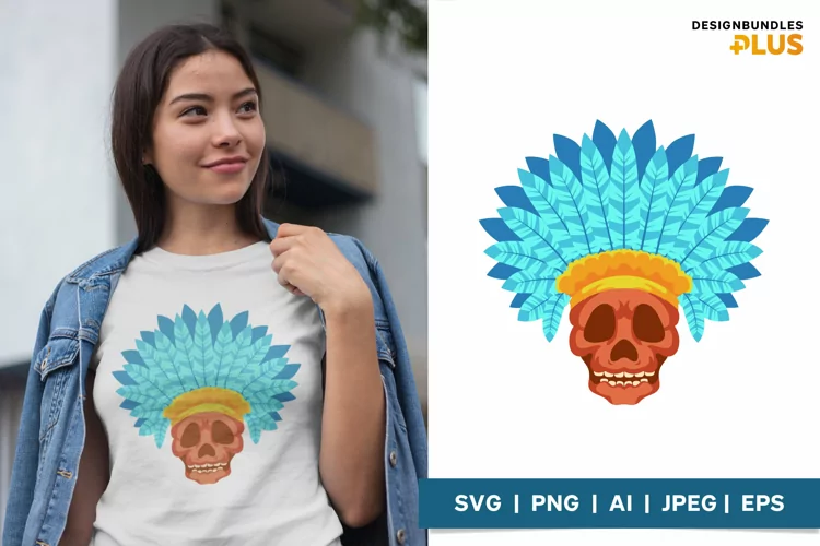 Native American Skull Wearing Blue Headdress Illustration