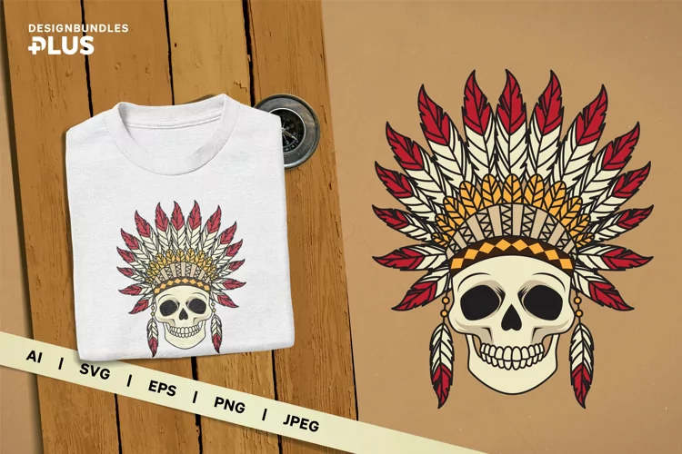 Native American Skull Wearing Tribal Headdress Illustration