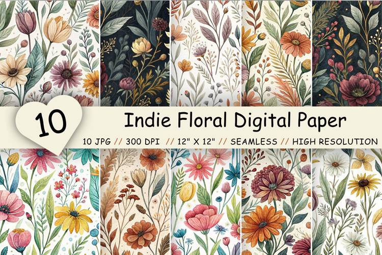 Indie Floral Digital Paper Pack, Seamless Watercolor Pattern