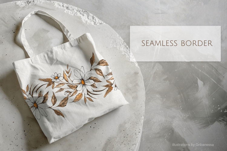 Ink Daisy Watercolor Seamless Border Clipart