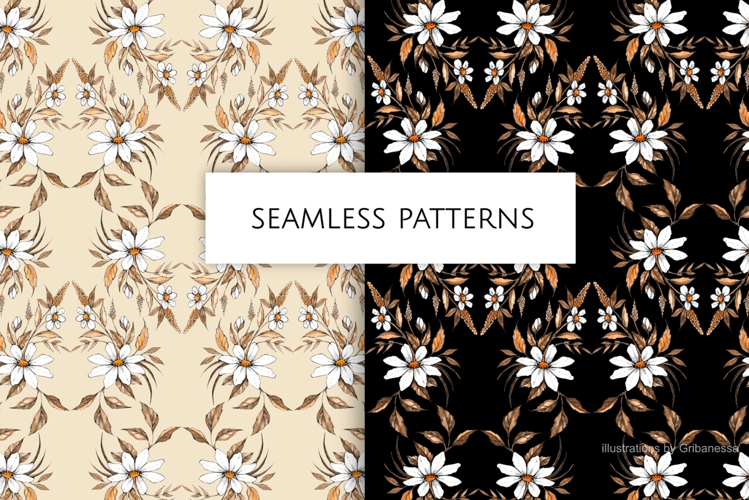 Ink Daisy Watercolor Seamless Patterns