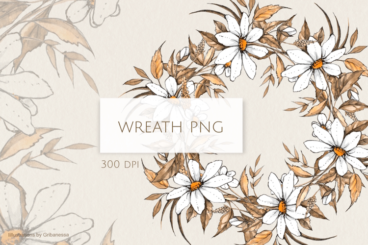 Ink Daisy Watercolor Wreath Clipart