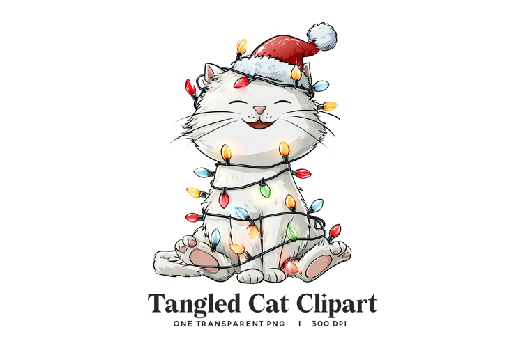 Cute Santa Hat Cat Tangled in Lights Clipart PNG