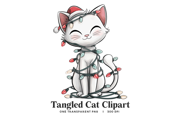 Cute White Cat Tangled in Lights Clipart PNG