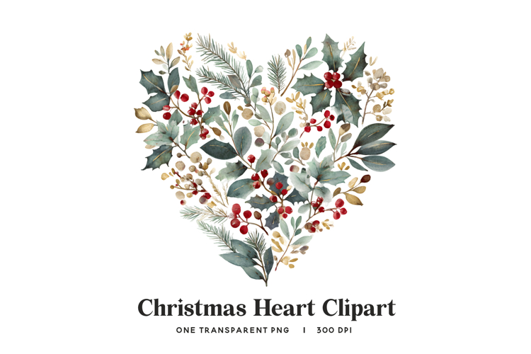 Christmas Heart Clipart PNG - Watercolor Holly & Mistletoe