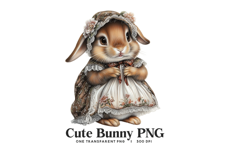 Vintage Bunny PNG - Rabbit in Floral Dress Digital Clipart