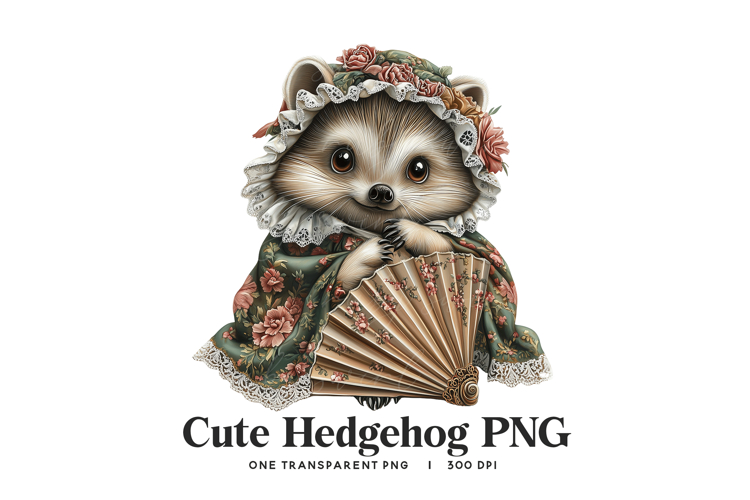 Victorian Hedgehog PNG - Floral Gown Digital Clipart