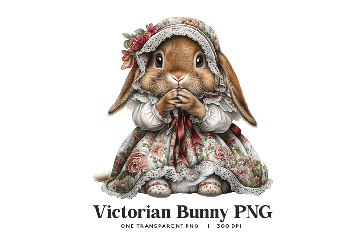 Victorian Bunny PNG - Vintage Floral Dress Digital Clipart