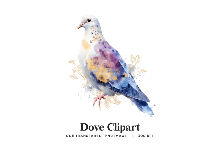 Watercolor Dove Clipart PNG - Gold and Purple Bird Image