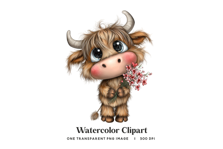 Cute Highland Cow Holding Flowers PNG