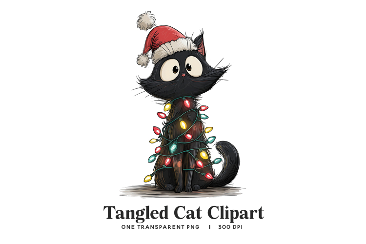 Funny Black Cat Tangled in Lights Clipart PNG