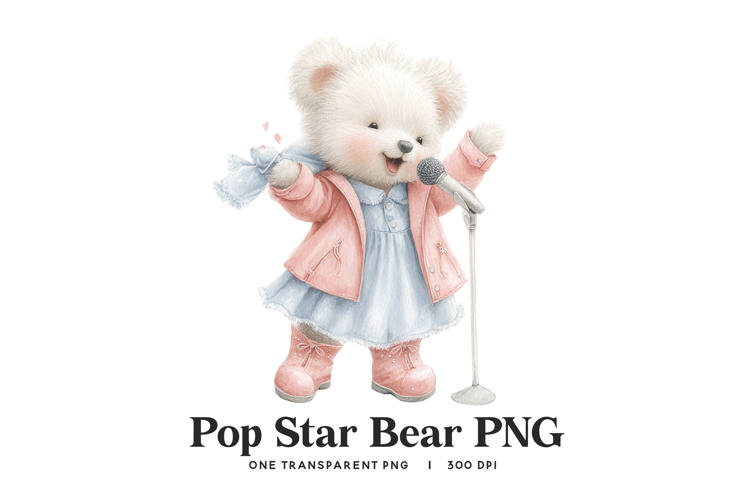 Pop Star Bear PNG - Singing Animal Digital Clipart