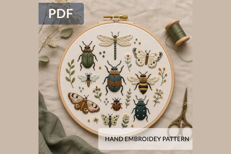 Woodland Insects Hand Embroidery Pattern PDF, Moth and Beetl example image 1