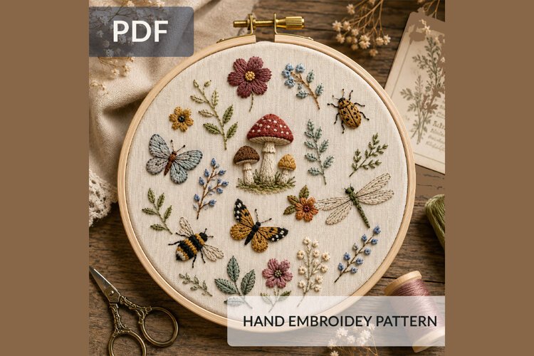 Woodland Insects and Mushrooms Hand Embroidery Pattern PDF example image 1