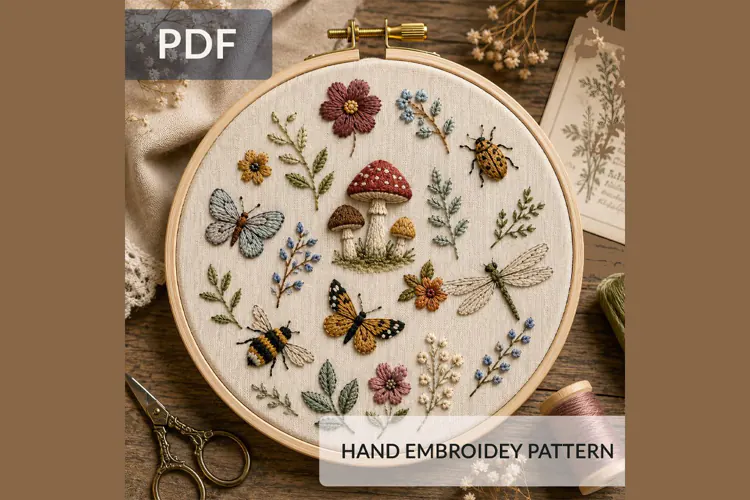 Woodland Insects and Mushrooms Hand Embroidery Pattern PDF